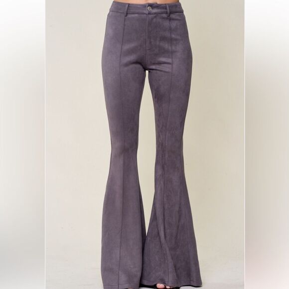 Seamed Gunmetal Gray Tailored Suede Bell Bottom Flare Pants - Picture 2 of 7